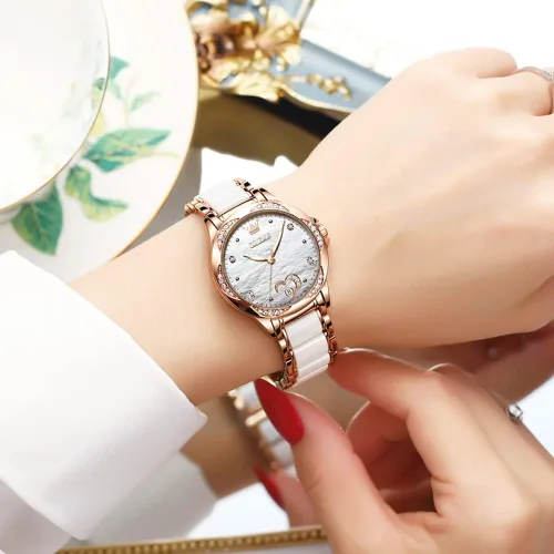 Vista 4 de OLEVS Reloj para mujer automático automático mecánico reloj de pulsera para mujer, cara grande, dos tonos, acero inoxidable, pulsera de cerámica
