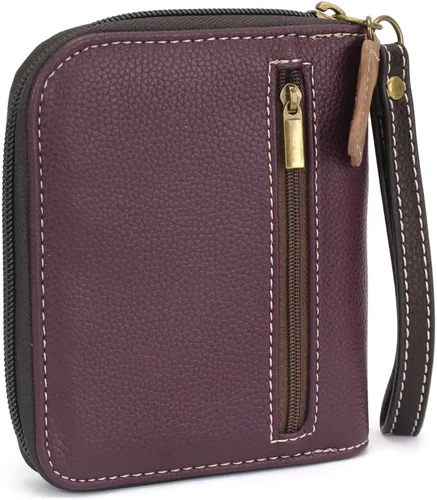Vista 3 de Chala Cartera de piel vegana con cremallera alrededor con correa para la muñeca, Bulldog Francés - Ciruela, Cartera de pulsera