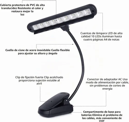 Vista 7 de Luz de soporte de música, luces de piano con clip, 9 luces LED de orquesta, lámpara de libro para músico, totalmente ajustable, sin parpadeo