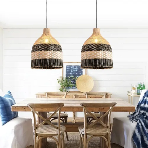 Vista 8 de Lámpara Colgante de Ratán 1 Paquete Candelabro de Cesta de Ratán Sintético Negro Blanco 11.8" Boho Tejido a Mano Ovalado de Mimbre Lámpara Colgante