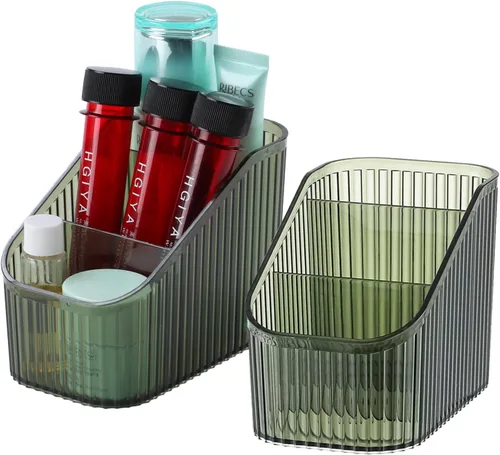 Vista 10 de Organizador de brochas de maquillaje ámbar para tocador, organizador de encimera de baño, 5 tazas, almacenamiento y exhibición de artículos