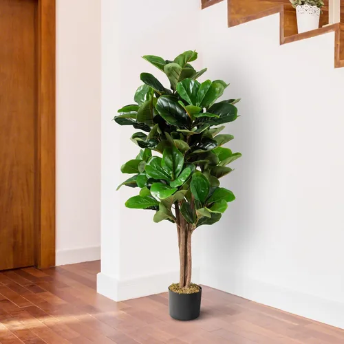 Vista 3 de Happygrill Árbol de vegetación artificial de 4 pies, plantas de higuera de hoja de violín falsa para interiores en maceta, árbol de ficus lyrata