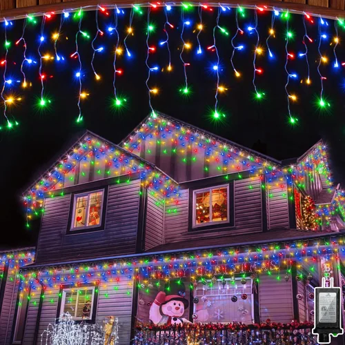 Vista 11 de 612 luces LED de Navidad de 60 pies con 136 gotas, 12 modos regulables, luces colgantes blancas frías al aire libre con memoria de temporizador