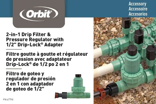 Vista 7 de Orbit 67798 Filtro regulador de presión de riego por goteo de 30 PSI Sistema MPT 3 en 1 con adaptador de bloqueo por goteo