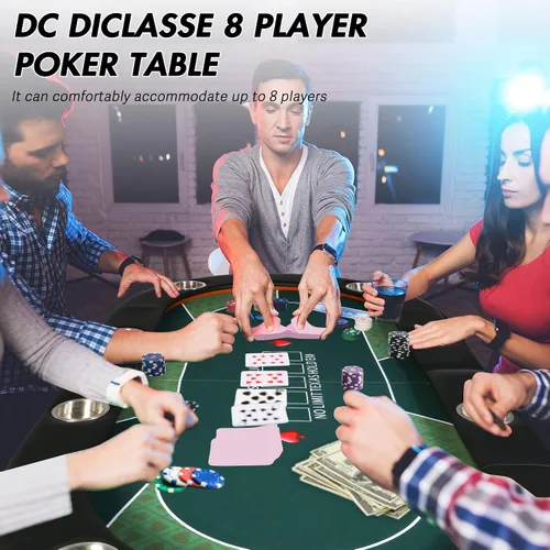 Vista 7 de Mesa de póquer plegable para 8 jugadores, mesa de cartas con soporte para tazas, mesa de ocio de casino, mesa de póquer Texas Hold 'Em para juego