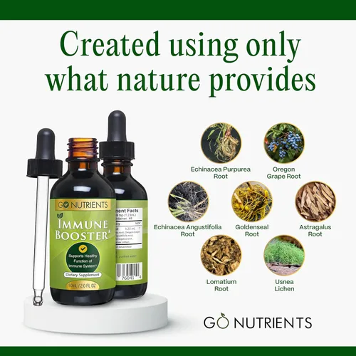 Vista 2 de Go Nutrients Refuerzo inmunológico – Apoyo herbario líquido con equinácea, sello de oro y usnea – 7 en 1 mejora la defensa para adultos y niños