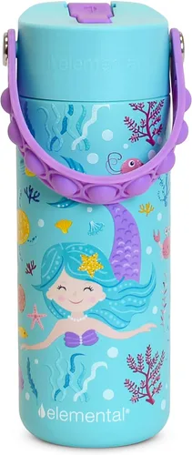 Vista 11 de Elemental Botella de agua aislada para niños, botella de agua de acero inoxidable con tapa de popote y asa Pop-it, botellas de agua a prueba