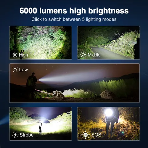 Vista 3 de KZK Linterna recargable de 9000 lúmenes altos con mango largo, potente linterna de mano con 11 modos de luz, impermeable y zoomable para el hogar