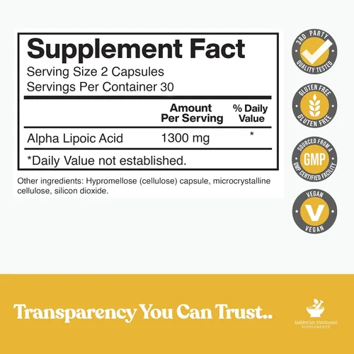 Vista 2 de American Standard Supplements Ácido alfa lipoico 1300 mg por porción, vegano, sin gluten, sin OMG, 60 cápsulas, 30 porciones
