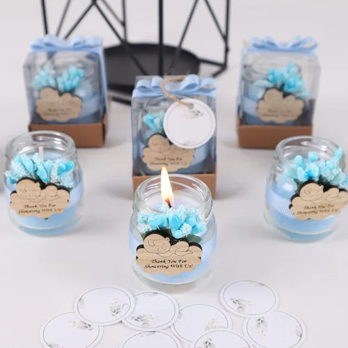 Vista 7 de HTF - Paquete de 5 velas en tarro de cristal, hechas a mano, recuerdos de fiesta de baby shower para niños, velas de vidrio para decoración de baby