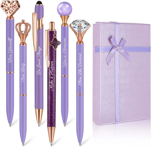 Vista 16 de Qeeenar 6 bolígrafos elegantes para mujer, bolígrafo de diamantes de cristal para diario, bonito bolígrafo con purpurina con caja, regalos Negro