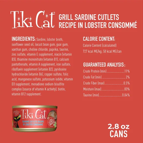 Vista 4 de Tiki Cat Grill - Alimento húmedo bajo en carbohidratos con mariscos enteros en caldo para gatos y gatitos adultos, 2.8 onzas, 12 unidades, sardina
