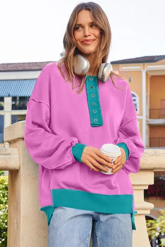 Vista 82 de AlvaQ - Sudadera de gran tamaño para mujer, informal, de manga larga, con botones y cuello Henley, tipo túnica