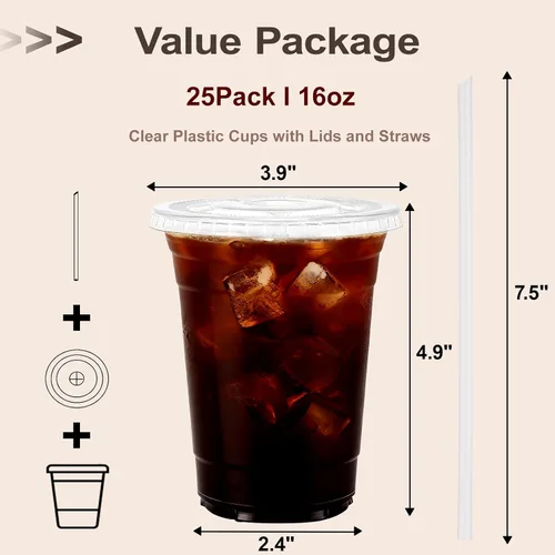 Vista 6 de Tazas de café helado To Go de 16 onzas con tapas y pajitas, paquete de 25 vasos desechables de plástico transparente con tapas para café helado