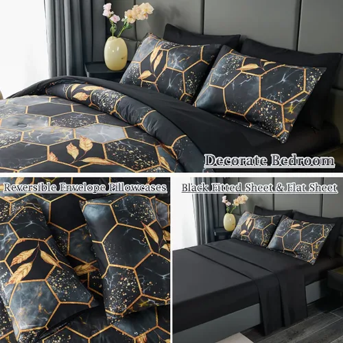 Vista 4 de ZRNBAST - Juego de edredón de nido de abeja negro de tamaño completo de 7 piezas, ropa de cama hexagonal suave y ligera, de mármol para todas