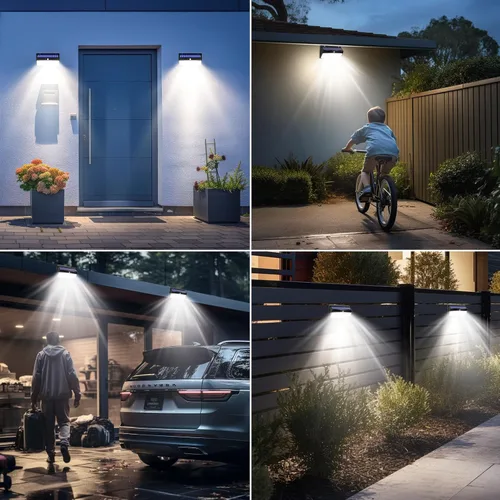Vista 4 de 368 luces LED solares para exteriores con sensor de movimiento, valla solar con 3 modos de iluminación, seguridad alimentada, impermeable