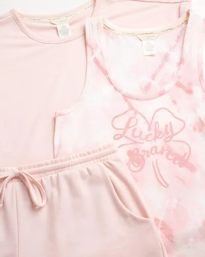Vista 2 de Lucky Brand Pijama para mujer - Camiseta de manga enrollada de 3 piezas, camiseta sin mangas y pantalones cortos (tamaño S-XL)