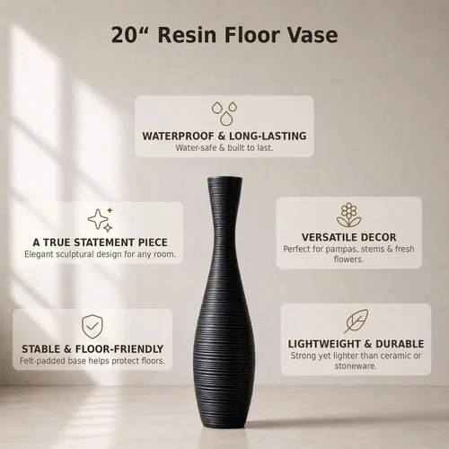 Vista 3 de Leewadee Florero decorativo alto para decoración de sala de estar, 20 ″, negro, resina