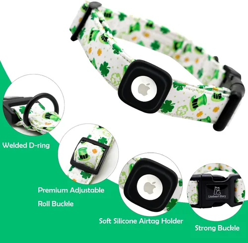 Vista 3 de Lionheart glory Airtag - Collar de perro de San Patricio para perros pequeños, collar verde ajustable de alta resistencia, collar de trébol