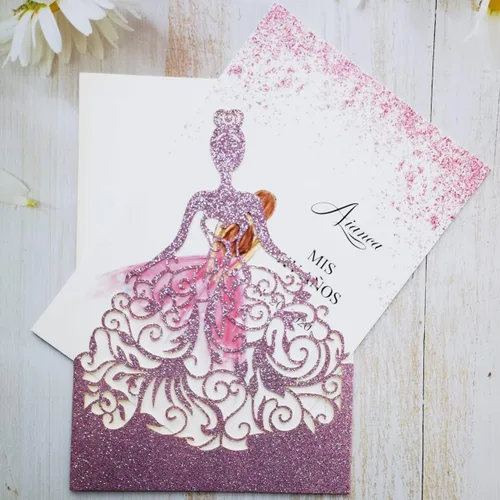 Vista 2 de 50 tarjetas de invitaciones de boda cortadas con láser para despedida de soltera, cumpleaños, dulces 15 invitaciones de fiesta de quinceañera