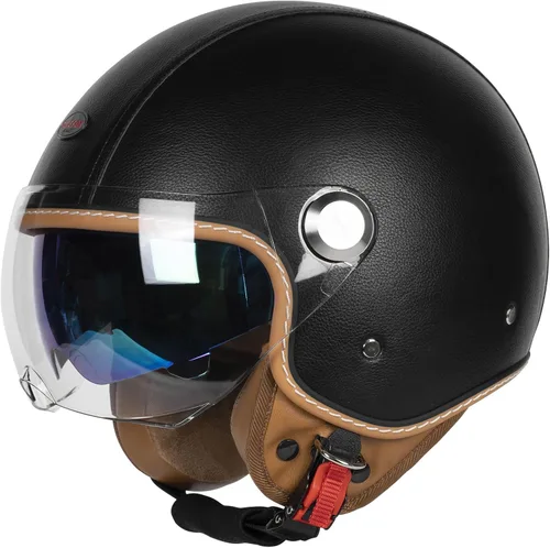 Vista 2 de Cascos de cara abierta para motocicleta, aprobados por el DOT, 3/4, casco para motoneta con visera dual, hebilla de liberación rápida, cascos