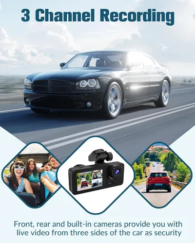 Vista 3 de 3 Channel Dash Cam Front and Rear Inside,1080P Full HD 170 Deg Wide Angle Dashboard Camera with 32GB SD Card,2.0 inch IPS Screen,Built in IR Night