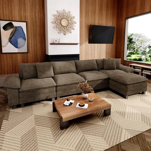Vista 61 de Sofá seccional en forma de U de 123 pulgadas con cojines tipo nube, juego de sofá modular de asiento profundo con 5 asientos y 2 otomanos, brazos
