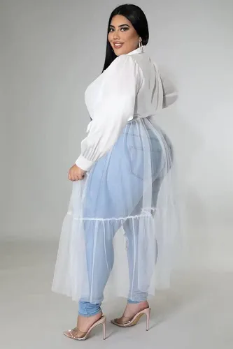 Vista 3 de Ekaliy Blusa tipo túnica casual de talla grande para mujer, blusa de malla transparente, vestido con cinturón, traje de fiesta de club