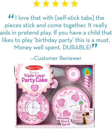 Vista 11 de Juguete de madera en forma de pastel de fiesta de tres capas Melissa & Doug, construcción robusta con pestañas autoadhesivas, gran regalo para niñas