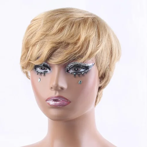 Vista 3 de Pelucas Honey Blonde sin pegamento para usar y quitar, pelucas de cabello humano cortas con corte Pixie para mujeres, peluca de cabello humano corta