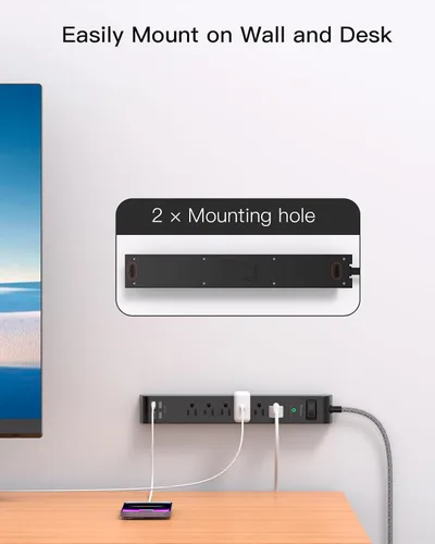 Vista 7 de Regleta Protectora de Sobretensiones - 6 Tomas 4 Puertos de Carga USB, Cable de Extensión Trenzado de 5 Pies, Enchufe Plano, Protección contra