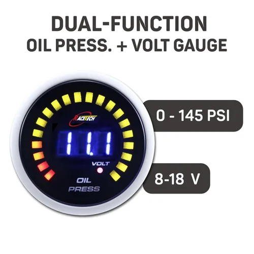 Vista 3 de RACETECH Medidor Digital Dual de Presión de Aceite y Voltímetro - 145 PSI, 8~18V - 52 mm 2-1/16" 20 LED Anillo Exterior Azul con Función