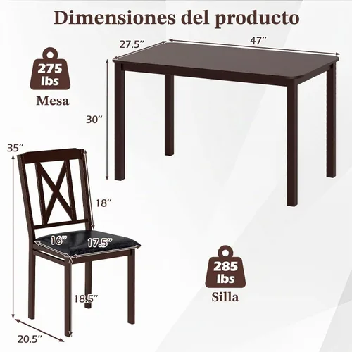Vista 7 de GIANTEX - Juego de mesa de comedor de 5 piezas para 4, mesa de cocina rectangular de 47 pulgadas y 4 sillas con patas de madera de goma, asiento