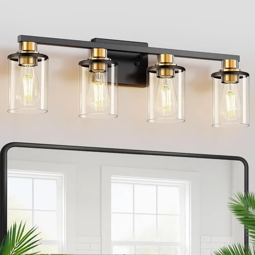 Vista 15 de L LOHAS LED Lámparas de baño negras de 2 luces, accesorios de iluminación modernos sobre espejo con pantalla de vidrio transparente, luces