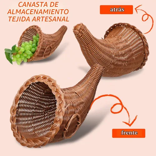 Vista 4 de HOMSFOU Cornucopia - Cestas de cuerno de imitación de vid de otoño, frutas de Acción de Gracias, cesta de cornucopia, bocina de pan para centro