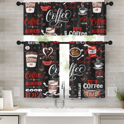 Vista 7 de Cortinas de Ventana de Cocina con Temática de Café, Juego de Cenefa y Niveles, Cortina Corta Marrón Estilo Granja con Bolsillo para Varilla
