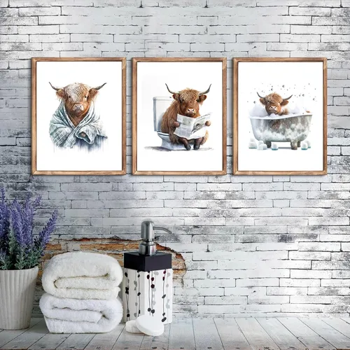 Vista 5 de Arte Divertido de Pared para Baño con Imágenes de Vaca de las Tierras Altas Escocesas, Decoración de Pared, Vaca Tierna en Bañera, Impresiones