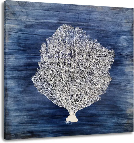Vista 12 de Yihui Arts - Lienzo decorativo para pared de playa con diseño de bote azul y gris costero náutico cuadrado, pintura artística para decoración