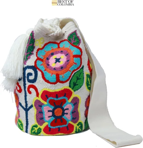Vista 2 de Bolso bandolera floral Wayuu - Bolso cruzado grande de ganchillo con tapiz