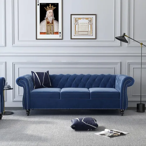 Vista 17 de RARZOE Chesterfield - Silla contemporánea de terciopelo Chesterfield, silla de club de terciopelo, silla Chesterfield con brazos enrollados de Azul