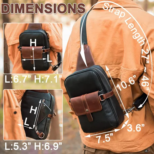 Vista 3 de CENUNCO Bolso bandolera de cuero auténtico, mochila cruzada de cuero oculto, bolsa de transporte negra, casual, senderismo, motocicleta, bolsa