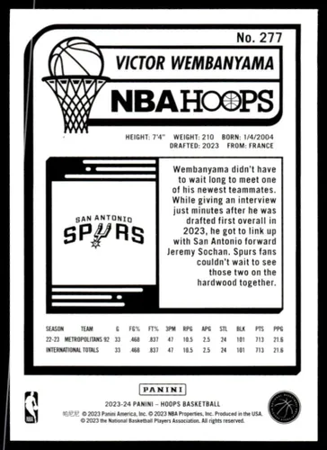 Vista 2 de 2023-24 NBA Hoops # 277 Victor Wembanyama RC Rookie San Antonio Spurs Basketball Trading Card (foto de stock, tarjeta en casi menta o mejor estado)
