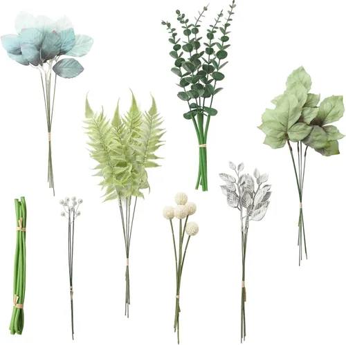 Vista 5 de Juego de tallos de follaje artificial, 59 piezas con 7 tipos de flores de follaje sintéticas para manualidades, ramos de novia, arreglos florales