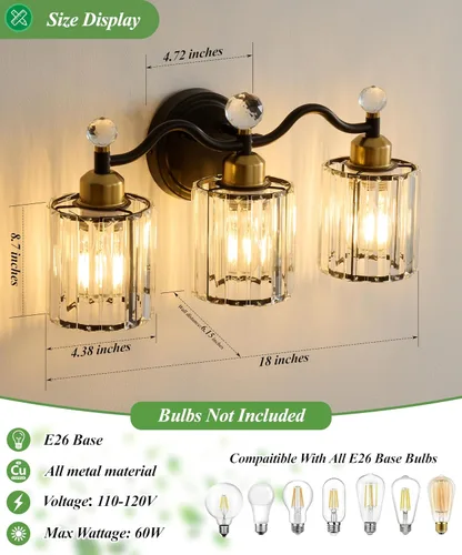 Vista 3 de Moderna lámpara de cristal para tocador de baño, 3 luces negras y doradas, lámparas de tocador sobre espejo, lámpara de pared de vidrio