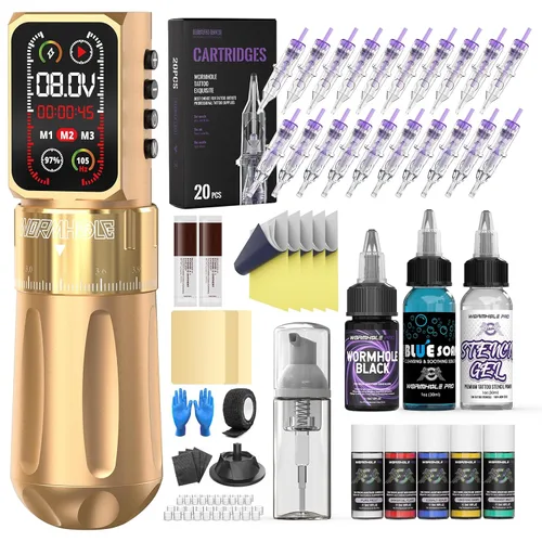 Vista 13 de Kit de pistola de tatuaje inalámbrico de agujero de gusano con batería dual Dorado (Gold 2)