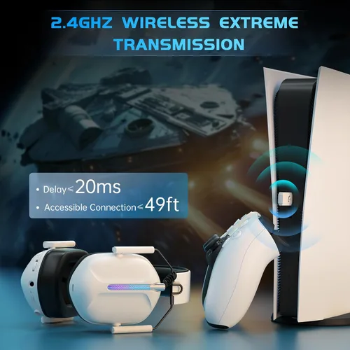 Vista 3 de Gvyugke Auriculares inalámbricos para juegos para PS5, auriculares USB de 2.4 GHz con micrófono para PS4, PC, Nintendo Switch, Mac, computadora