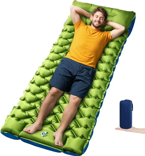 Vista 17 de Colchoneta para dormir, almohadilla de dormir compacta para acampar con almohada bomba de pie integrada, colchoneta inflable para viajes
