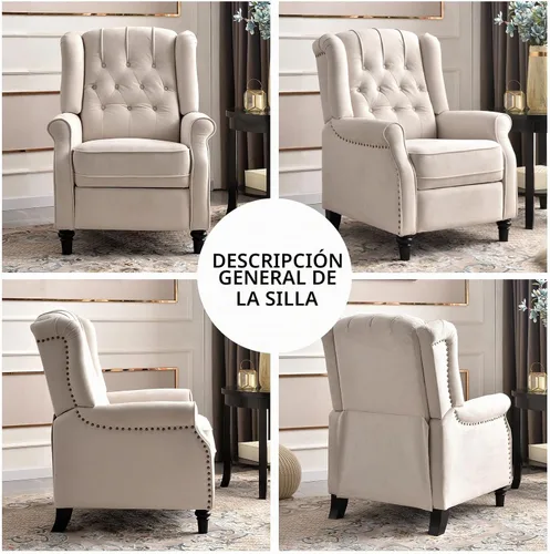 Vista 6 de 2 Sillas Reclinables Pushback, Sillones de Tela con Respaldo Reclinable y Decoración de Remaches, Sofá Individual Silla de Acento para Sala de Beige