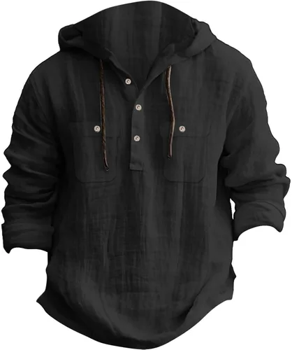 Vista 2 de Sudadera con capucha de lino y algodón para hombre, manga larga, transpirable, camisa con capucha y botones para primavera y otoño