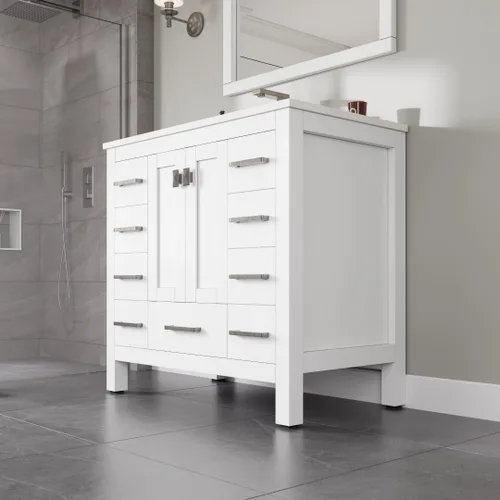 Vista 6 de Eviva Combo de tocador y lavabo de baño con acabado blanco de 36 pulgadas, tocadores de baño blancos de madera maciza de 36 pulgadas con parte